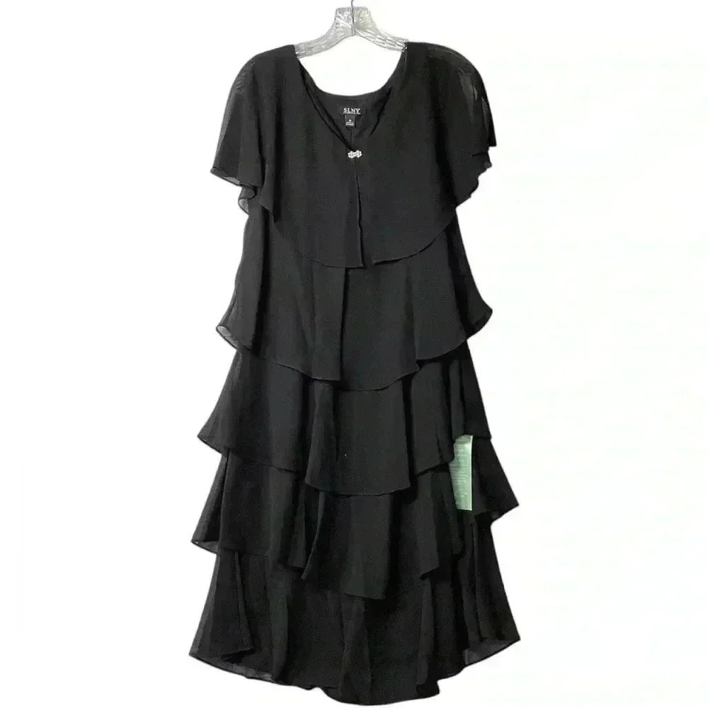 Slny Fashions NY NWT Women's Black Semi Sheer Layered Midi V-Neck Dress Size 14